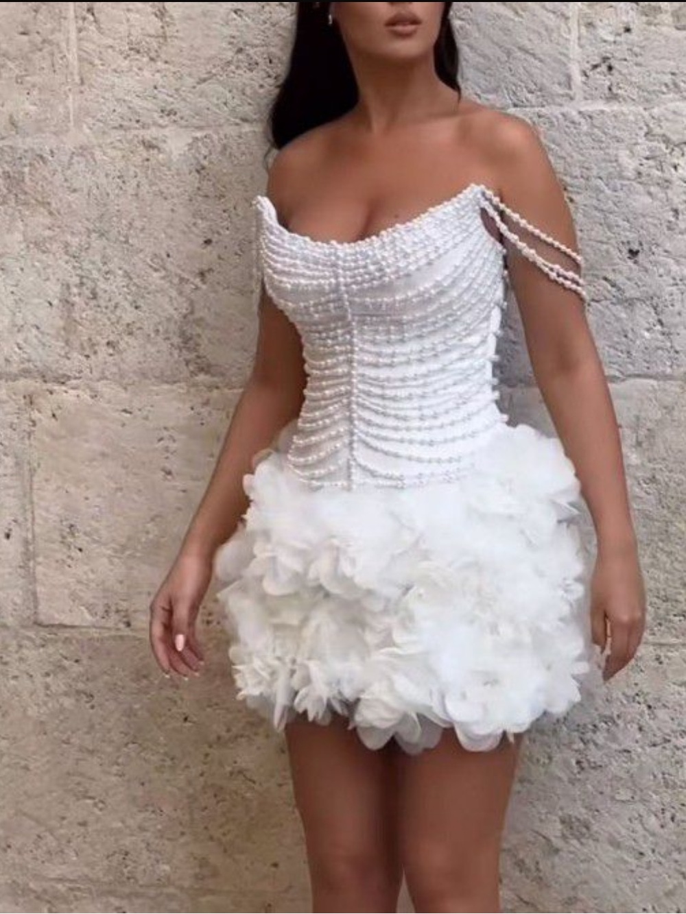 White Pearl Beaded Off-Shoulder Floral Mini Dress